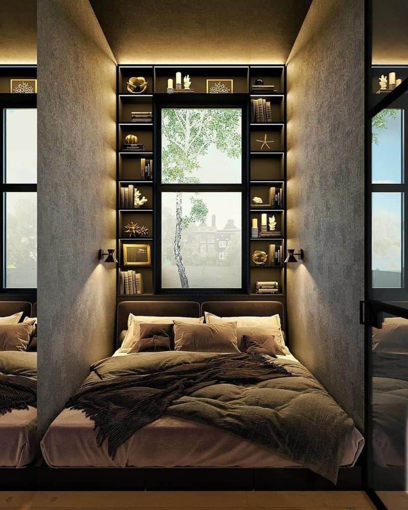 Modern bedroom with built-in shelves, soft lighting, and a large window showcasing a tree view.