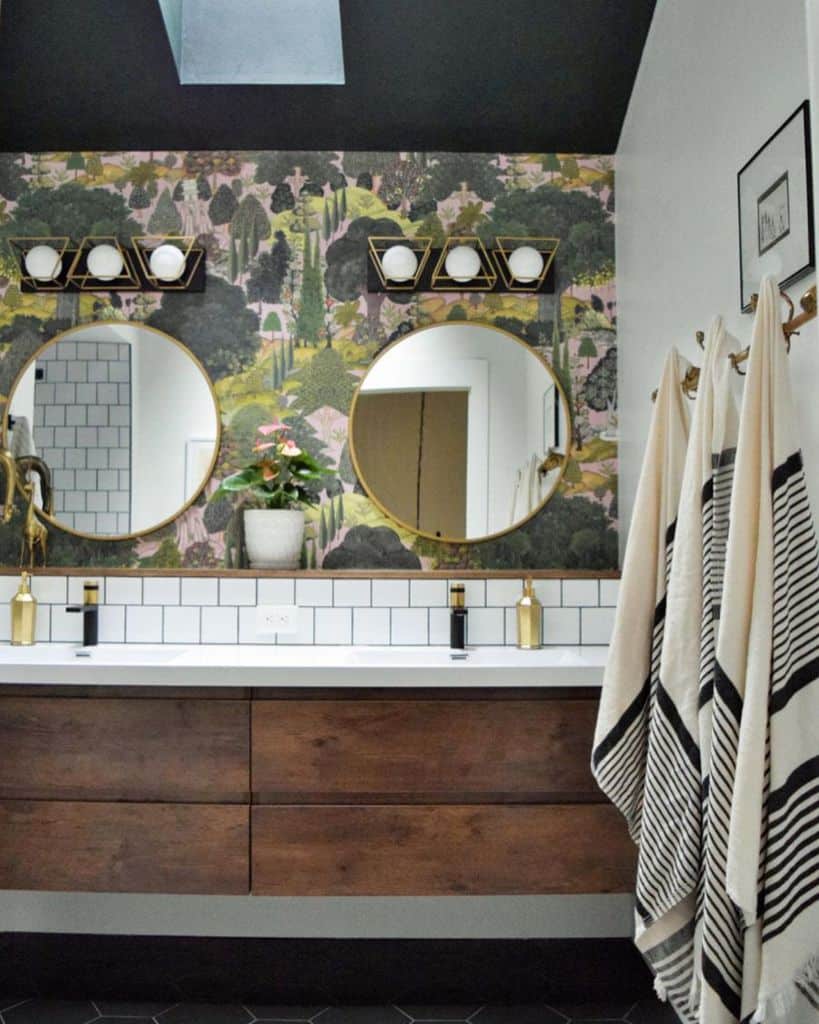 park wallpaper dual vanities gold accent bathroom