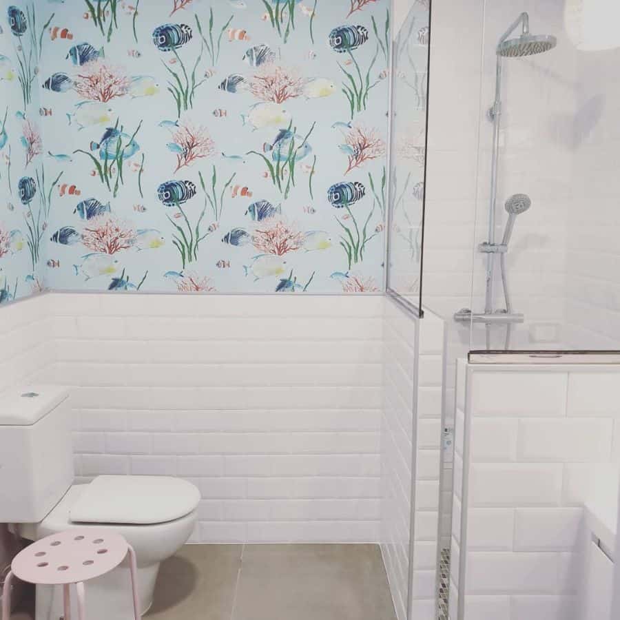 underwater wallpaper white brick bathroom