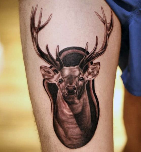 Wall Mounted Deer Head Mens Tattoo On Thigh