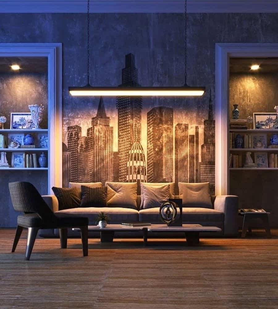 city skyline painting living room gray sofa track lighting 
