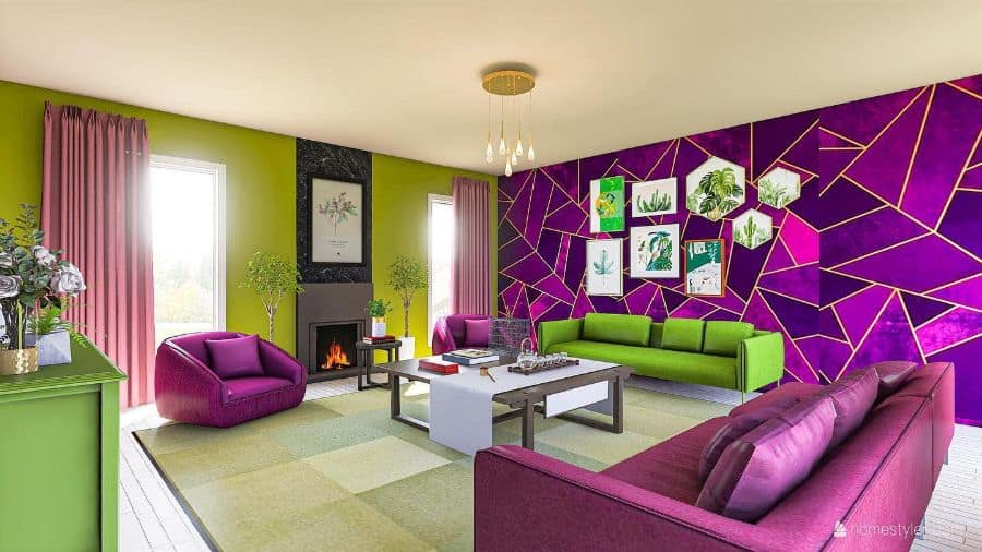 green wall and purple geometric shape wall in eccentric living room 