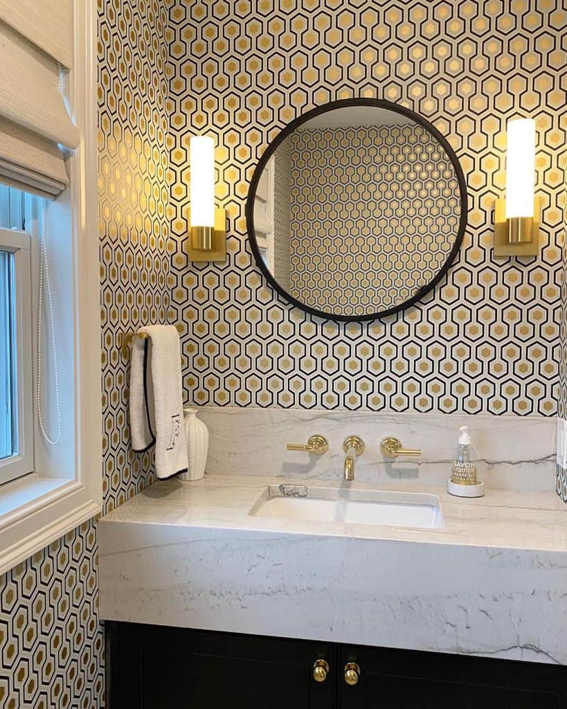 pattern wallpaper bathroom marble vanity