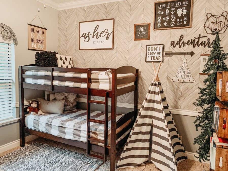 retro kids room wall paneling bunk bed teepee