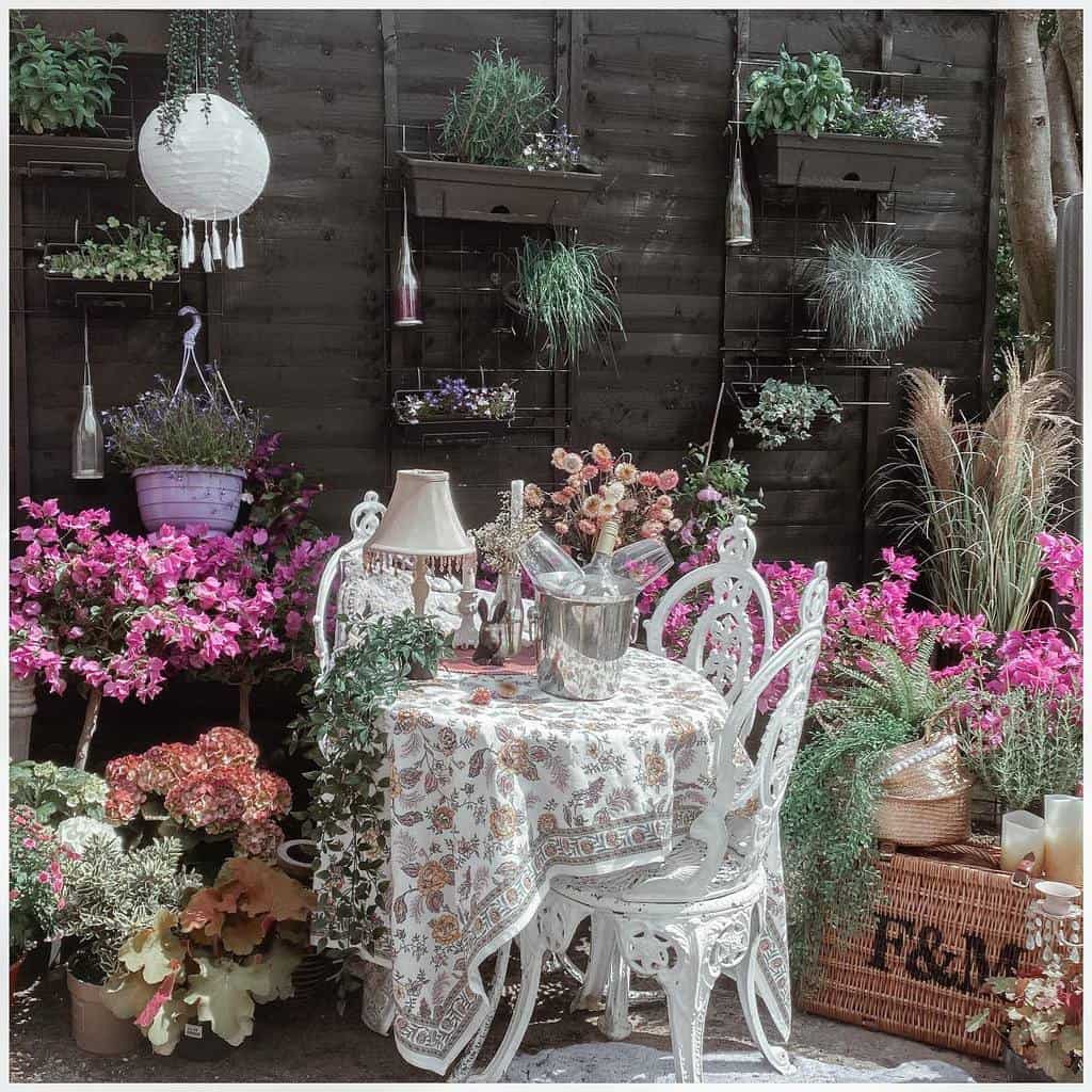 black wall planter herb garden pink flowers