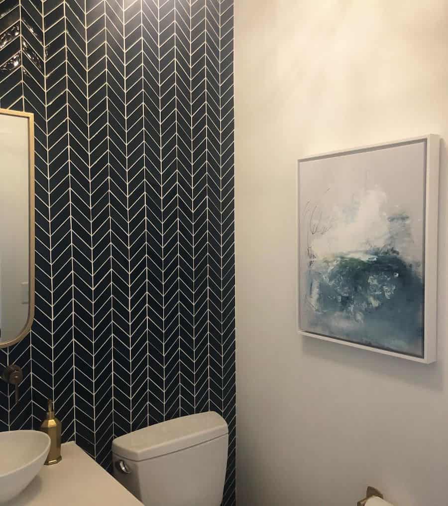 pattern wallpaper powder room with abstract wall art