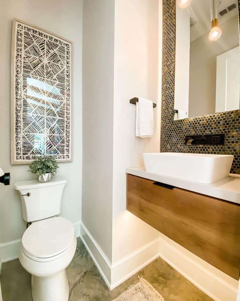modern powder room with mosaic tiles