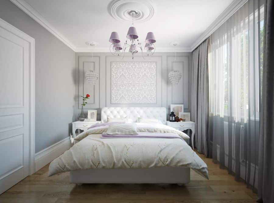 gray small master bedroom with coffered ceiling