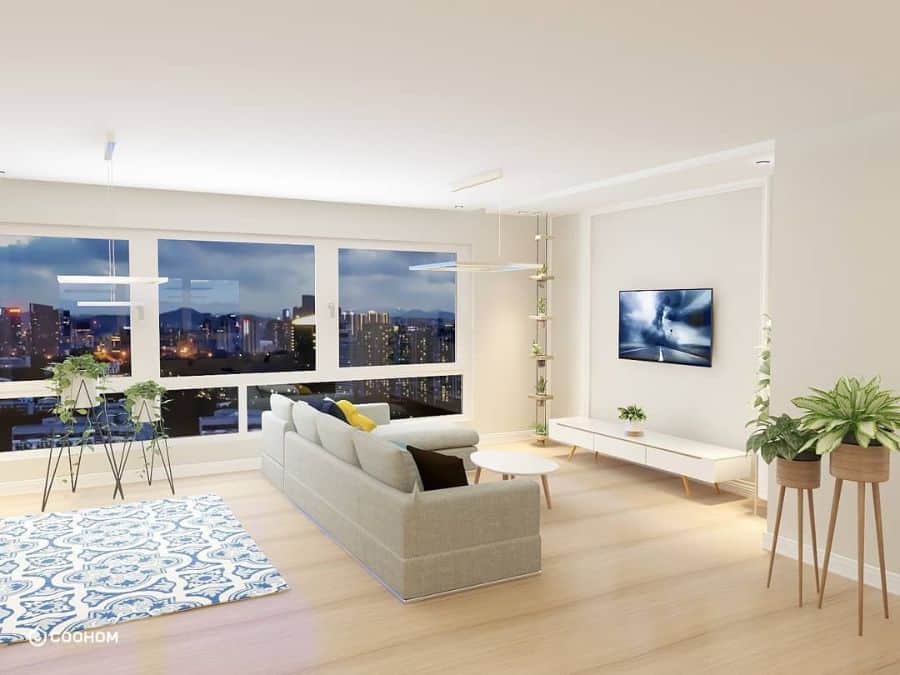 white apartment living room with gray sofa