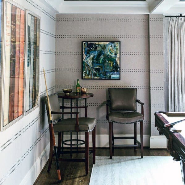 Cozy billiard room corner with patterned wallpaper, bar stools, and abstract wall art.