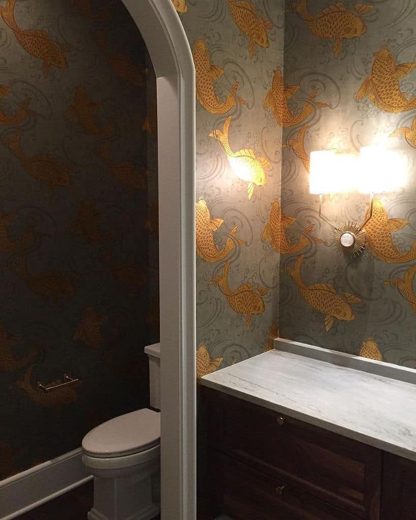 gold fish wallpaper powder room