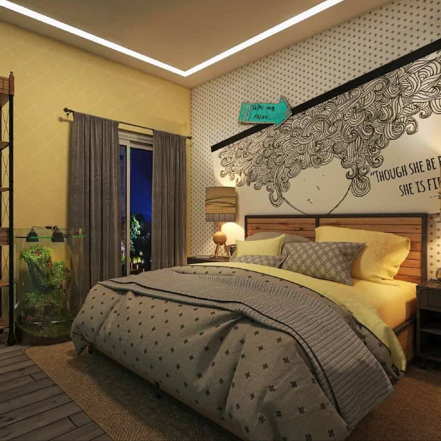 Cozy bedroom with a yellow mural, bed, and nightstand lamps. Large window with curtains on the left, creating a warm and inviting atmosphere