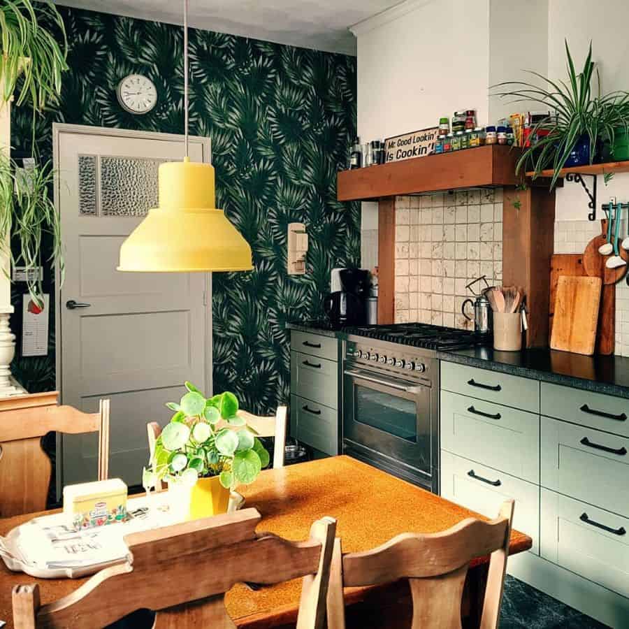 modern kitchen green fern wallpaper dining table green cabinets