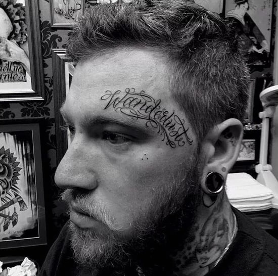 Wanderlust Male Face Word Lettering Tattoo Designs