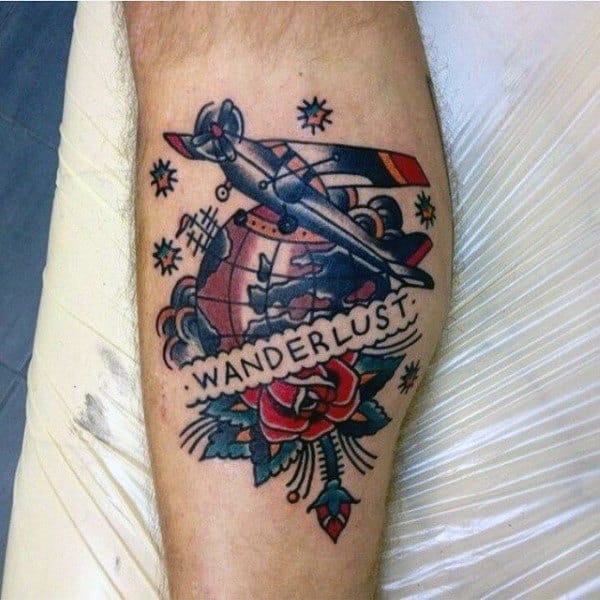 Wanderlust Male Leg Calf Old School Travel Tattoo With Globe And Plane