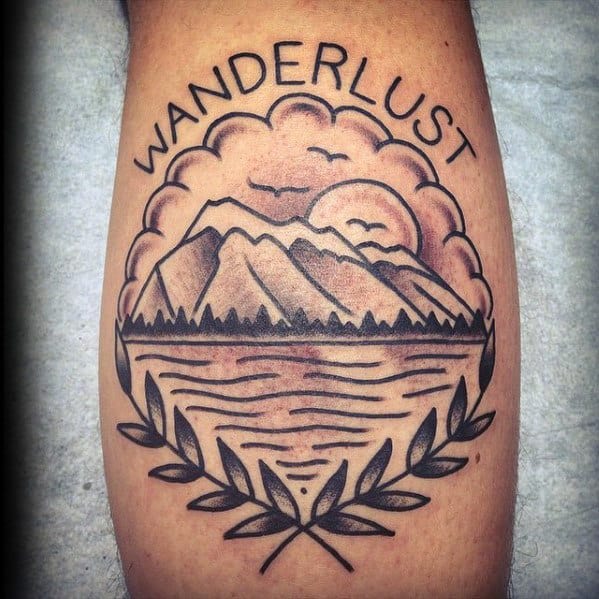 Wanderlust Mens Traditional Mountains Back Of Leg Tattoo