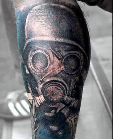 War Helmet And Gas Mask Guys Tattoo On Leg Calf