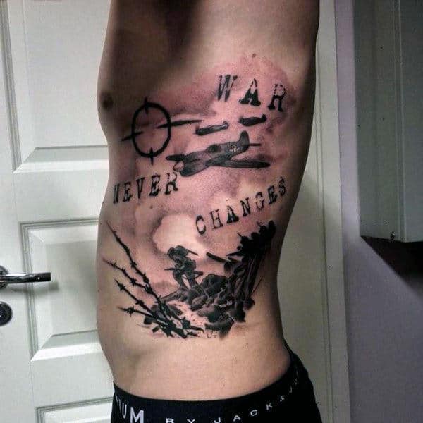 War Themed Barbed Wire Mens Rib Cage Side Tattoo