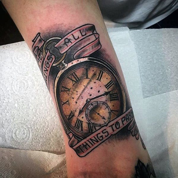 Warm Honey Colored Pocket Watch Tattoo On Forearms Male