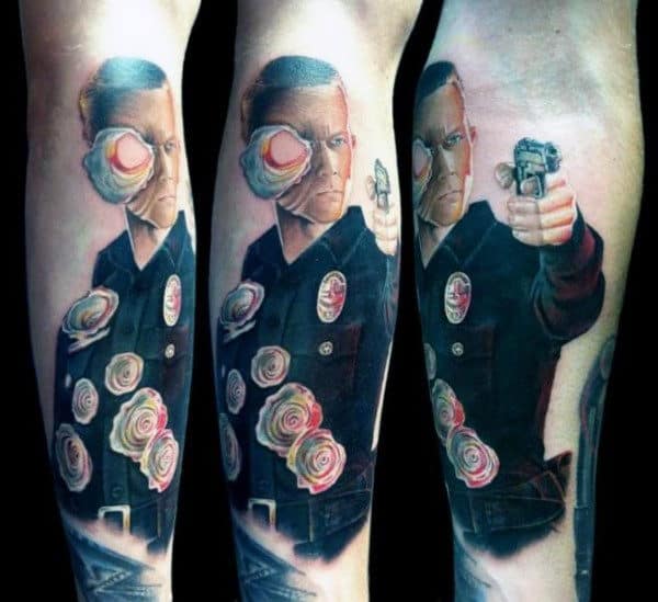 Warped Police Officer With Holes Mens Terminator Inner Forearm Tattoo