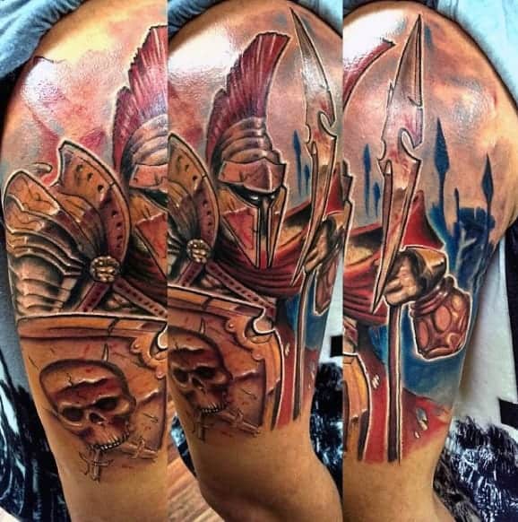 A detailed tattoo of Spartan warriors in armor and helmets with spears and skulls