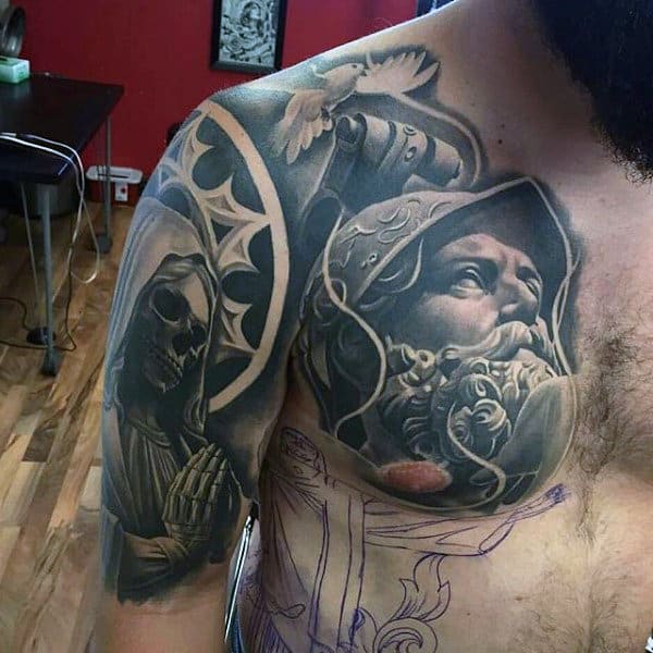 Warrior Black Ink Guys Chest And Half Sleeve Tattoos