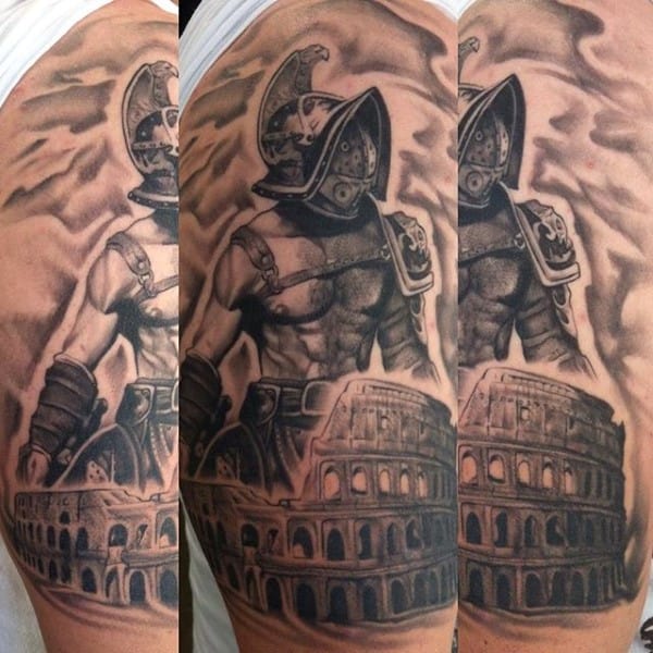 Tattoo of a gladiator and the Colosseum on a person's upper arm