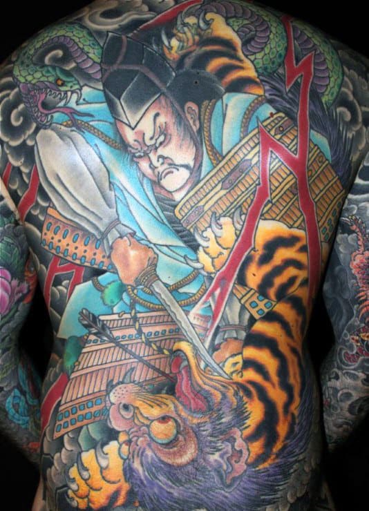 Warrior Japanese Tiger Mens Full Back Tattoos