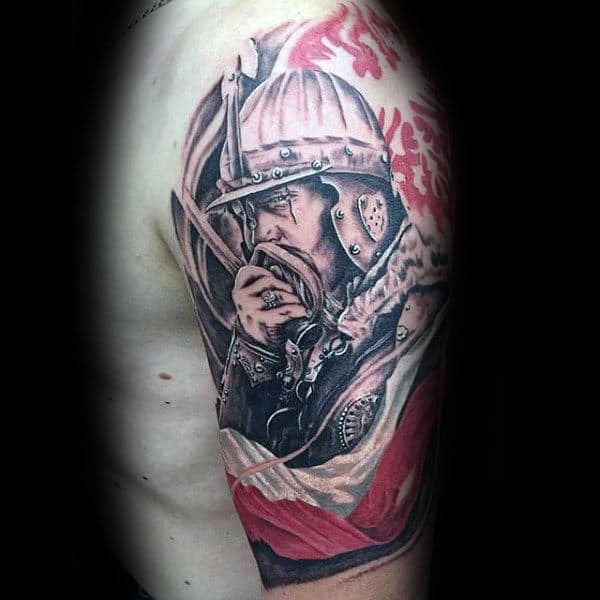 Warrior Polish Flag With Eagle Mens Half Sleeve Tattoos
