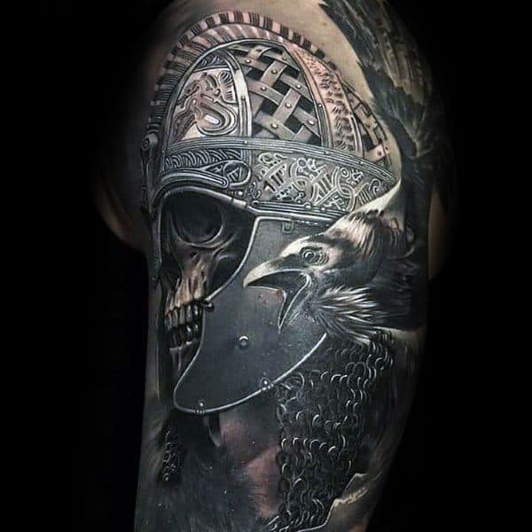 Dark Viking warrior tattoo with a detailed helmeted skull and raven, symbolizing death, battle, Norse mythology, and warrior spirit.