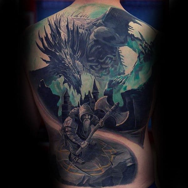 Warrior With Dragon Insane Full Back Male Tattoo Ideas