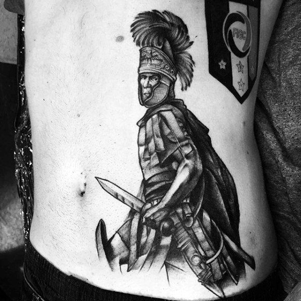 Warrior With Feathered Bonnet Tattoo Mens Side Ribs