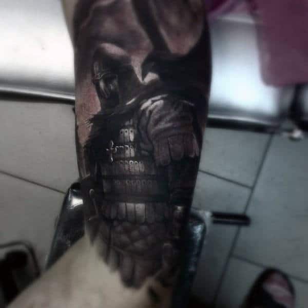 Warrior With Shiny Costume Tattoo Guys Biceps