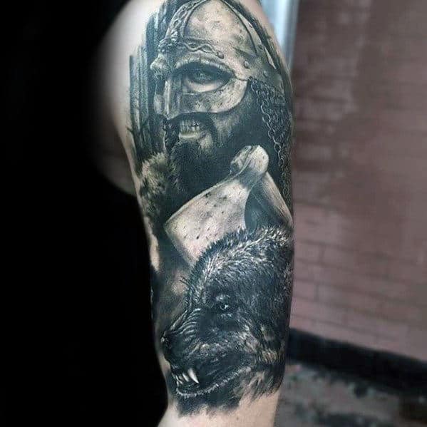 Warrior With Wolf Awesome Guys Half Sleeve Tattoo Inspiration