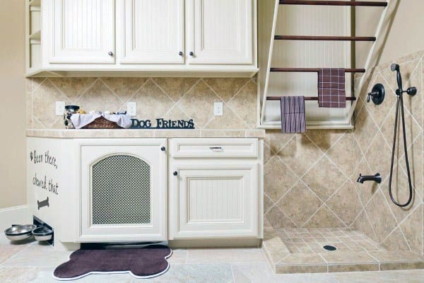 dog washing station wall cabinets bone mat