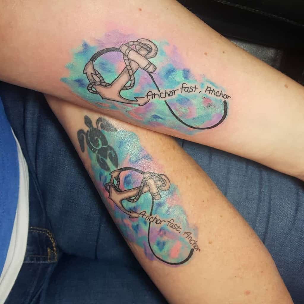 Matching anchor mother-daughter tattoos on watercolor backgrounds, displaying the words "Anchor fast, Anchor and forming infinity symbol
