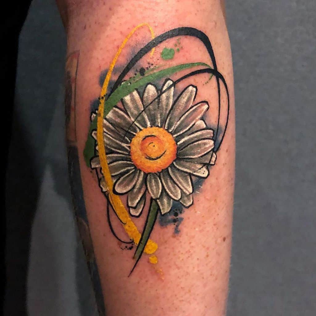 Forearm tattoo surreal water color swirling daisy