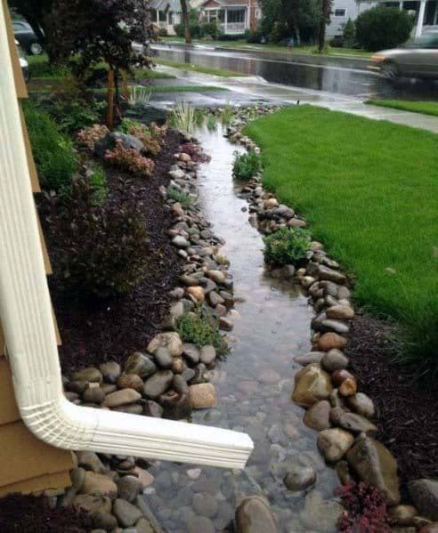 Water drainage system using river rocks, with a rainwater path along the yard, enhancing the landscape while preventing water buildup