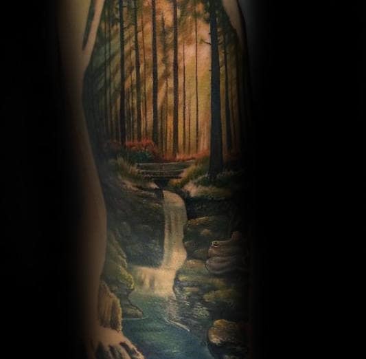 Water Flowing Through Nature Forest Landscape Tattoo On Gentleman