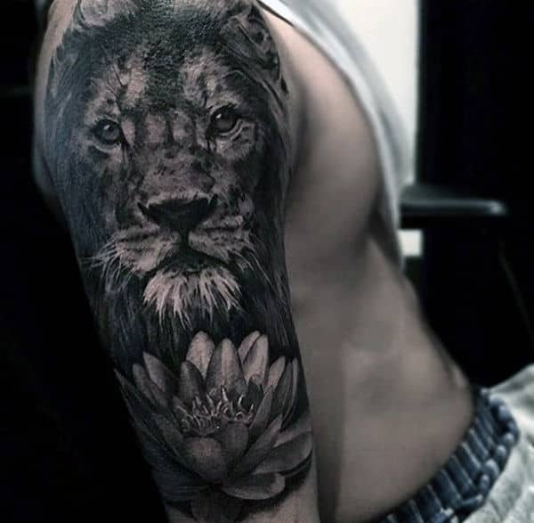 Water Lily Flower With Lion Mens Watercolor Half Sleeve Tattoo
