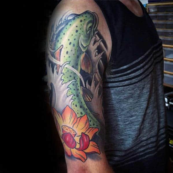 Water Lily Flower With Trout Mens Japanese Arm Tattoo