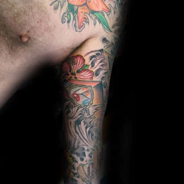 Water Ocean Waves With Hibiscus Flower Mens Sleeve Tattoo Ideas