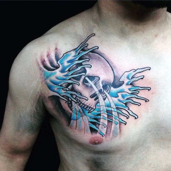 Water Splashing From Skull Male Japanese Chest Tattoo