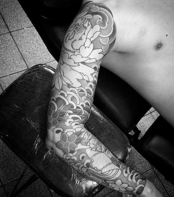 Water Waves Male Japanese Sleeve Tattoo Ideas