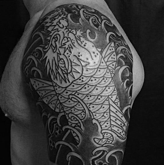 Water Waves Mens Koi Dragon Half Sleeve Shaded Black And Grey Ink Tattoos