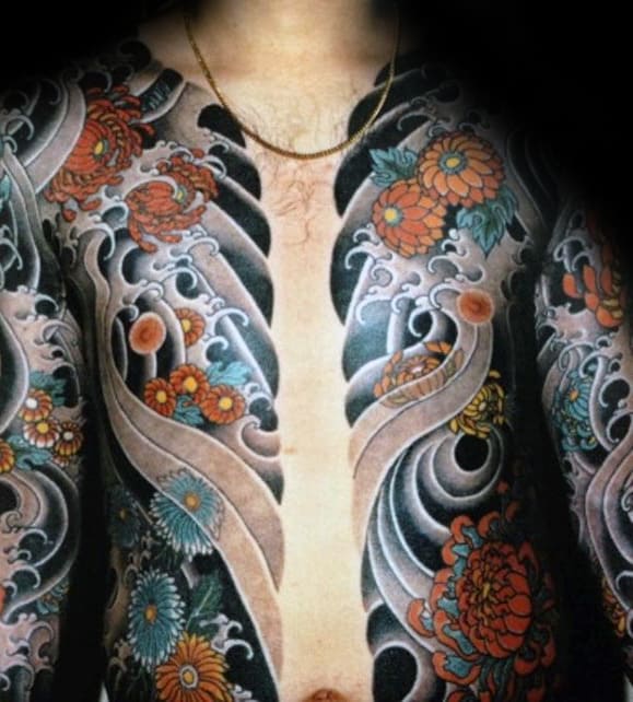 Water Waves With Orange Flowers Guys Japanese Chest Tattoo