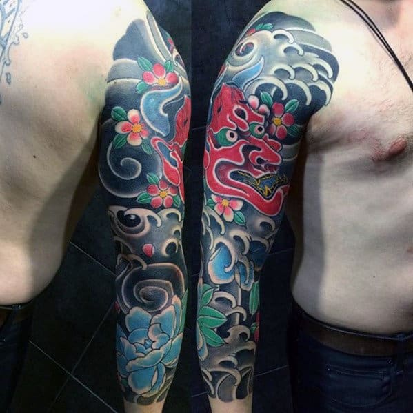 Water With Red Demon Mask Guys Japanese Sleeve Tattoos