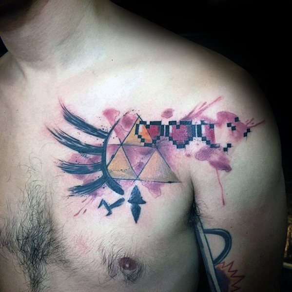 Watercolor 8 Bit Zelda Video Game Mens Upper Chest Tattoo Ideas