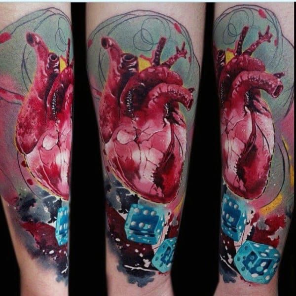 Watercolor Abstract Modern Heart With Dice Tattoo On Mans Forearm