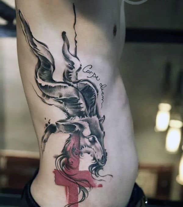 Watercolor Amazing Mens Goat Carpe Diem Rib Cage Side Tattoo